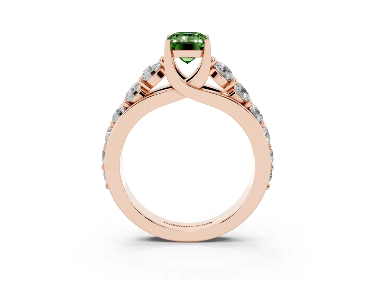 Fancy Green Emerald Cut Diamond Engagement Ring with Pavé Band and Four-Prong Setting Rose gold