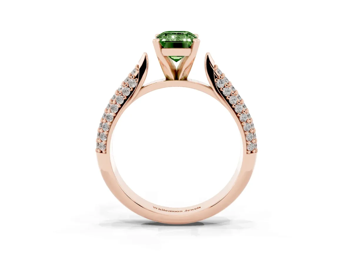 Fancy Green Emerald Cut Diamond Solitaire Engagement Ring with Multi-Row Round Pavé Band and Prong Setting Rose gold