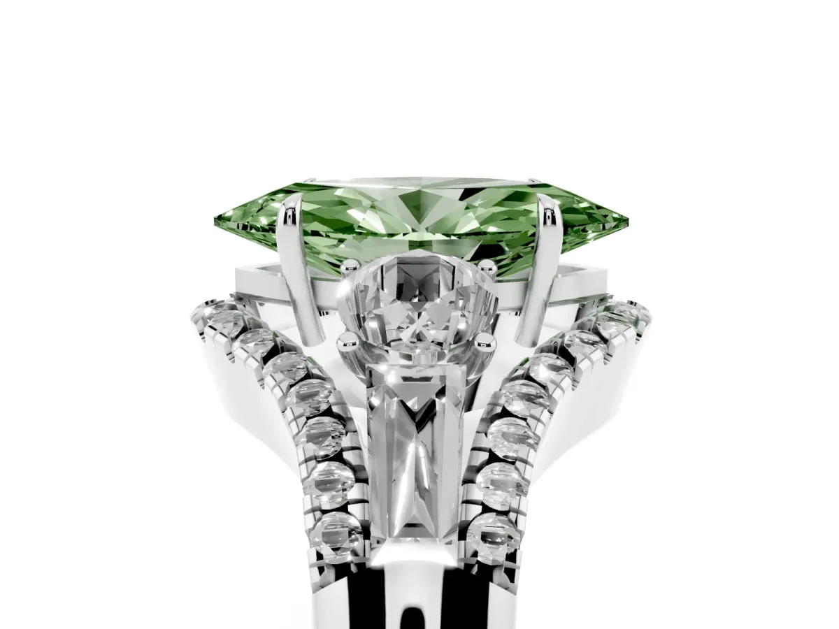 Fancy Green Three-Stone Marquise Cut Diamond Engagement Ring with Pave Band and Prong Setting Silver