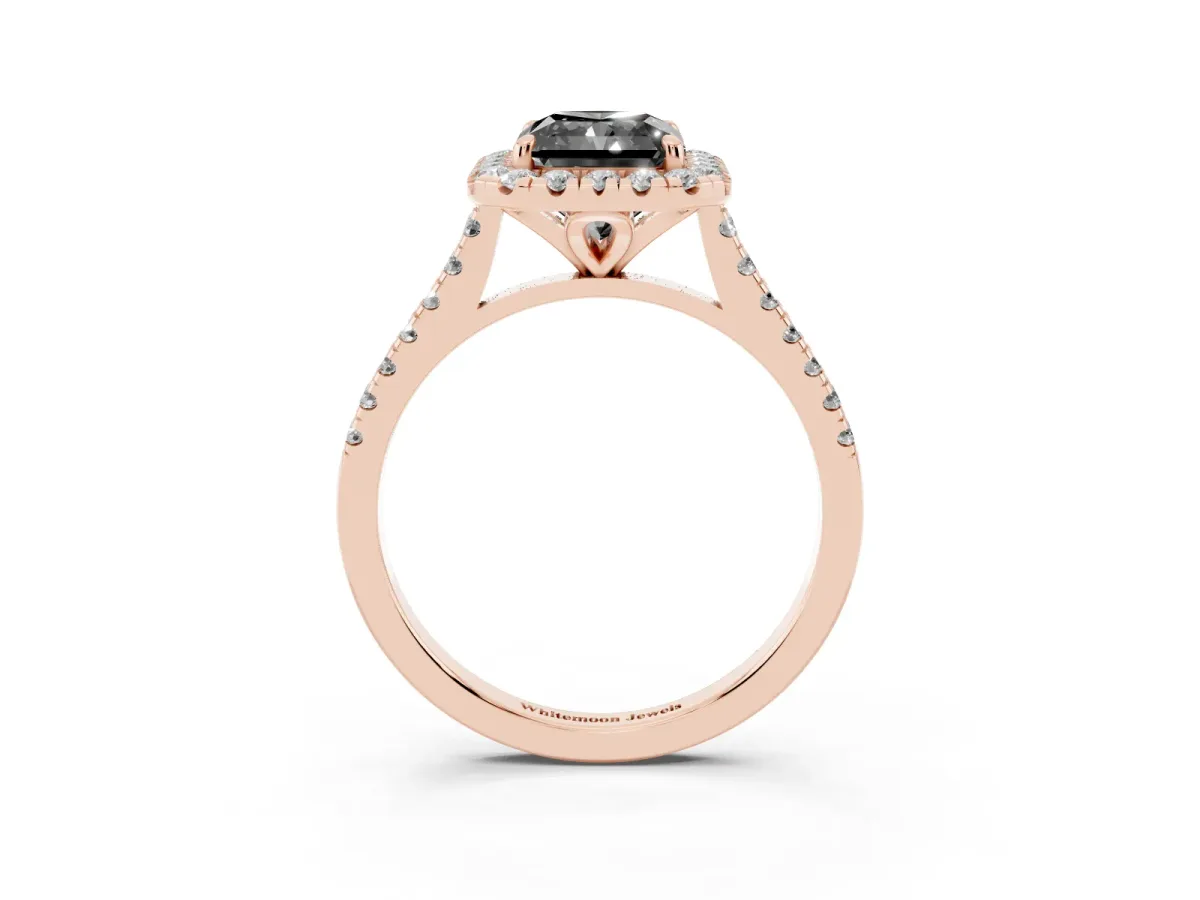 Fancy Black Radiant Cut Diamond Cushion Halo Ring with Pavé Band Rose gold