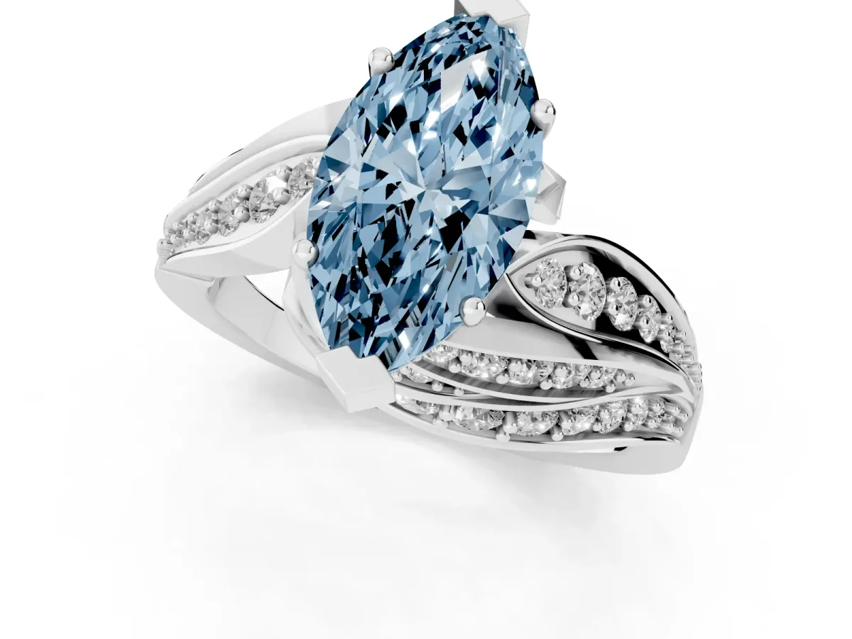 Fancy Blue Marquise Cut Diamond Solitaire Ring with Prong Setting and Twisted Pavé Band Silver