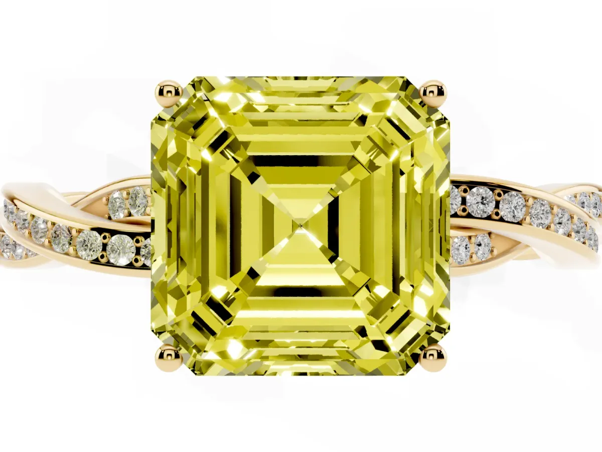 Fancy Yellow Asscher Cut Solitaire Twisted Pave Diamond Ring with Four-Prong Setting Yellow gold