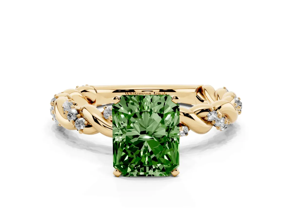 Fancy Green Radiant Cut Diamond Solitaire Ring with Twisted Band and Pavé Accents Yellow gold