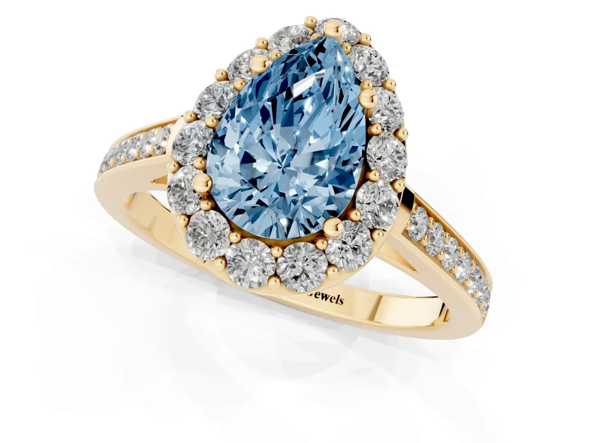 Fancy Blue Pear Cut Diamond Floral Halo Ring with Pavé Band and Prong Setting Yellow gold