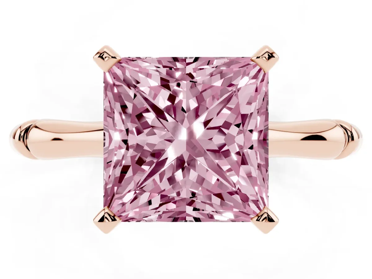 Fancy Pink Princess Cut Solitaire Diamond Ring with Bamboo Band and Four-Prong Setting Rose gold