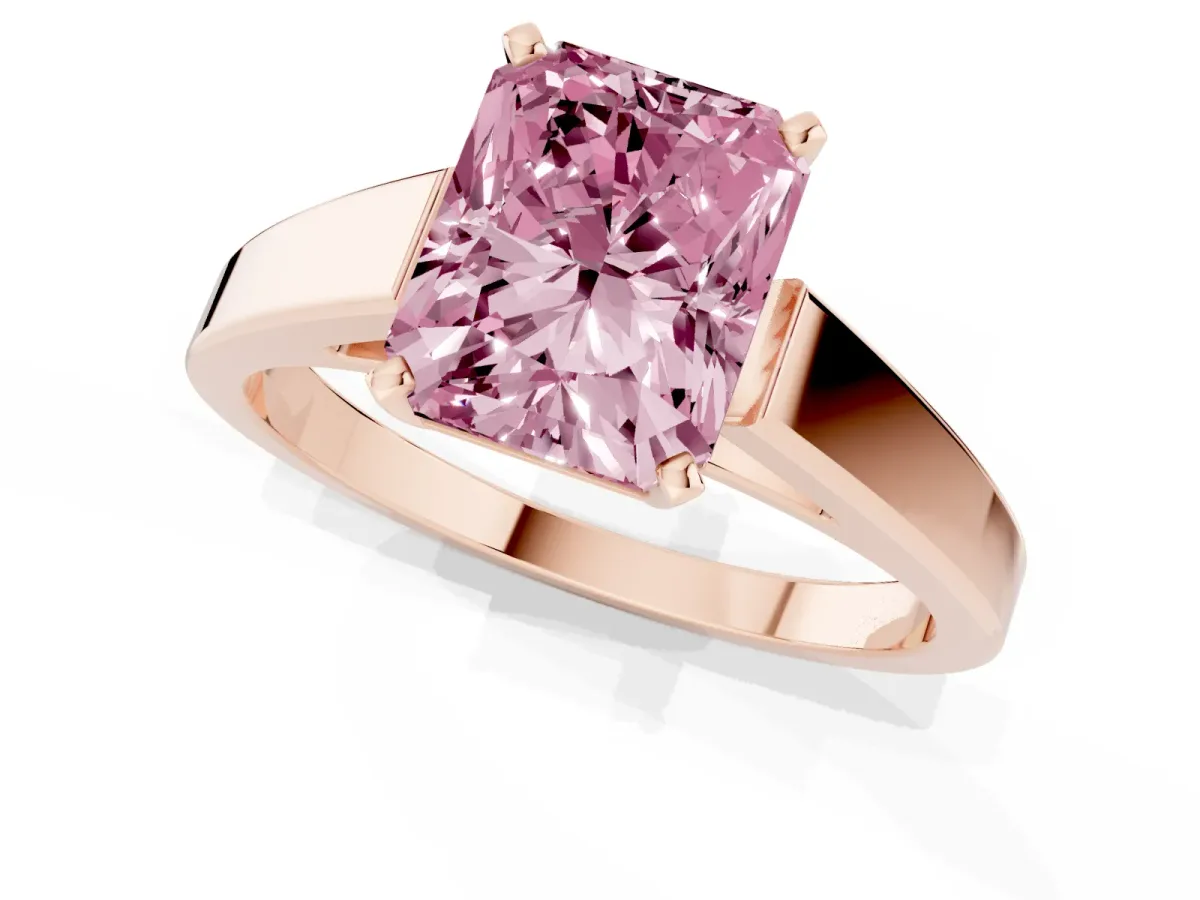 Fancy Pink Radiant Cut Solitaire Engagement Ring with Four-Prong Setting and Tapered Band Rose gold
