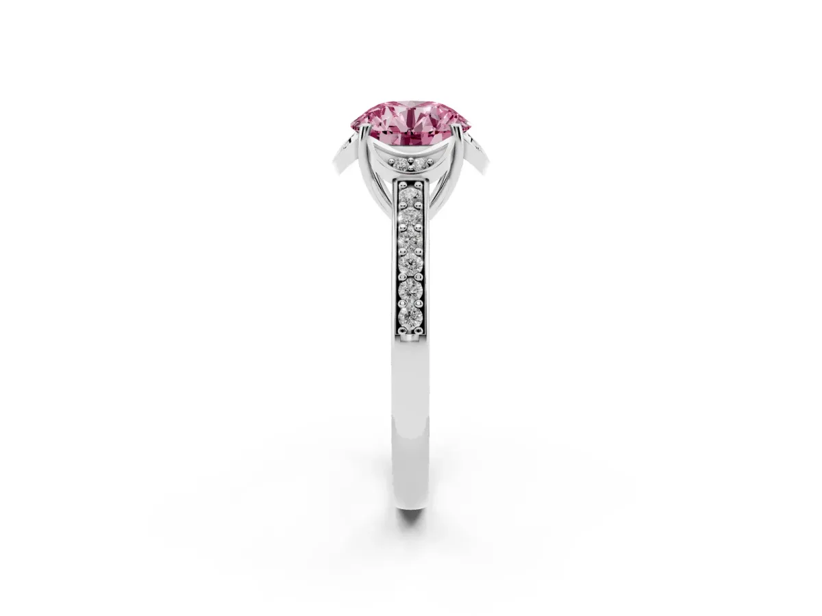 Fancy Pink Round Cut Cut Halo Diamond Ring with Channel Set Band and Four-Prong Setting Silver