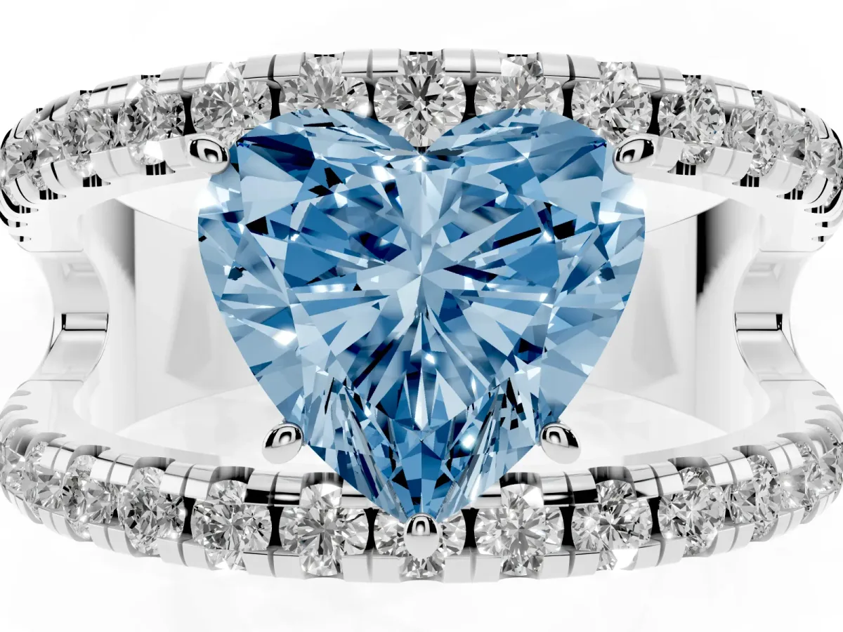 Fancy Blue Heart Cut Solitaire Split Shank Pave Diamond Ring Silver