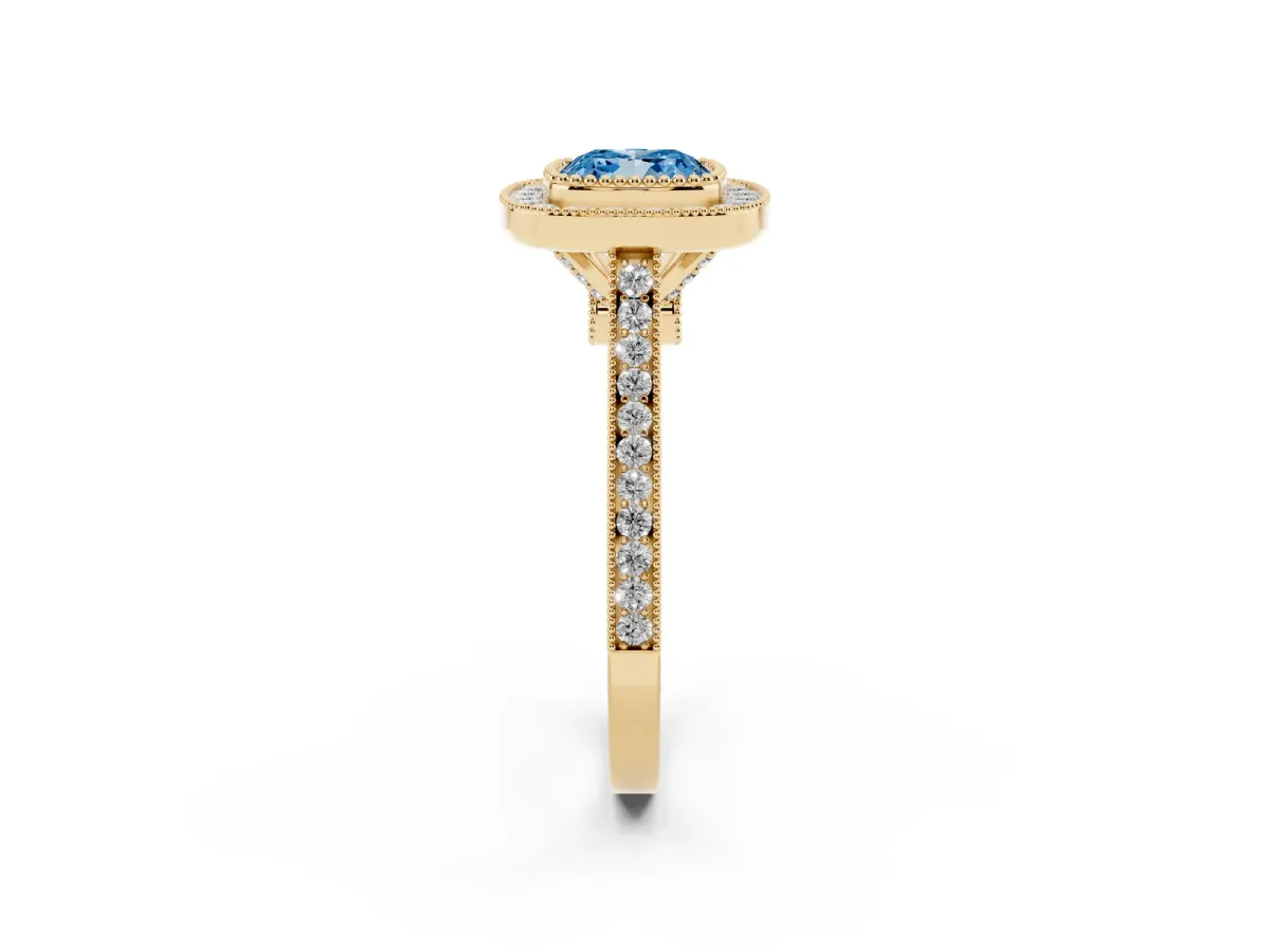 Fancy Blue Cushion Cut Diamond Halo Ring with Milgrain Frame and Pavé Band Yellow gold