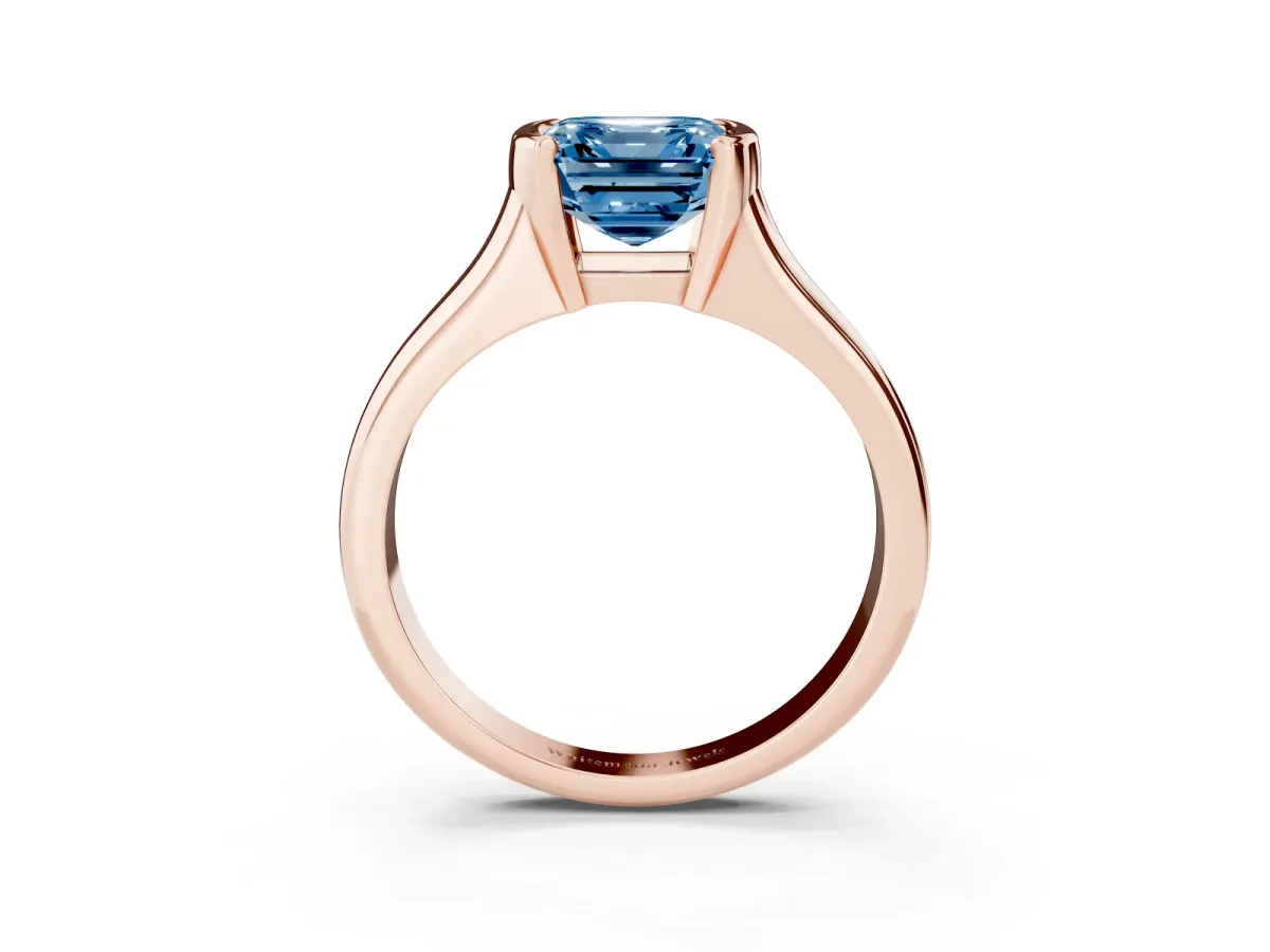 Fancy Blue Asscher Cut Solitaire Tension Set Diamond Ring with Split Shank Band Rose gold