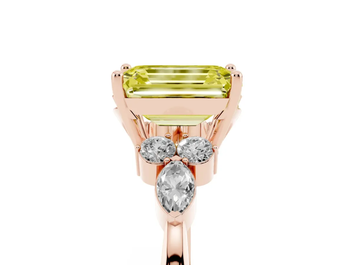 Fancy Yellow Emerald Cut Brilliant Diamond Solitaire Ring with Pear Side Stones and Four-Prong Setting Rose gold