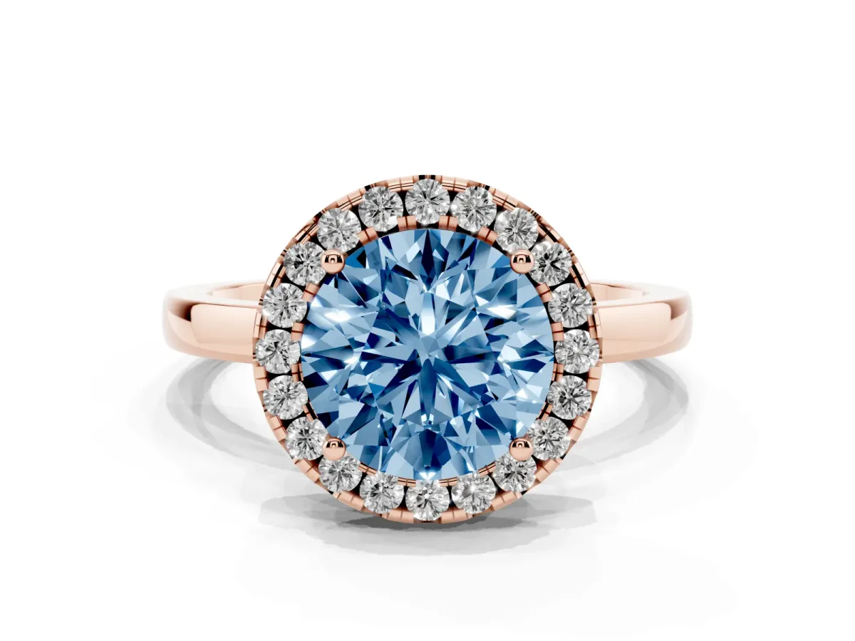 Fancy Blue Round Cut Halo Diamond Solitaire with Pavé Band and Four-Prong Setting Rose gold