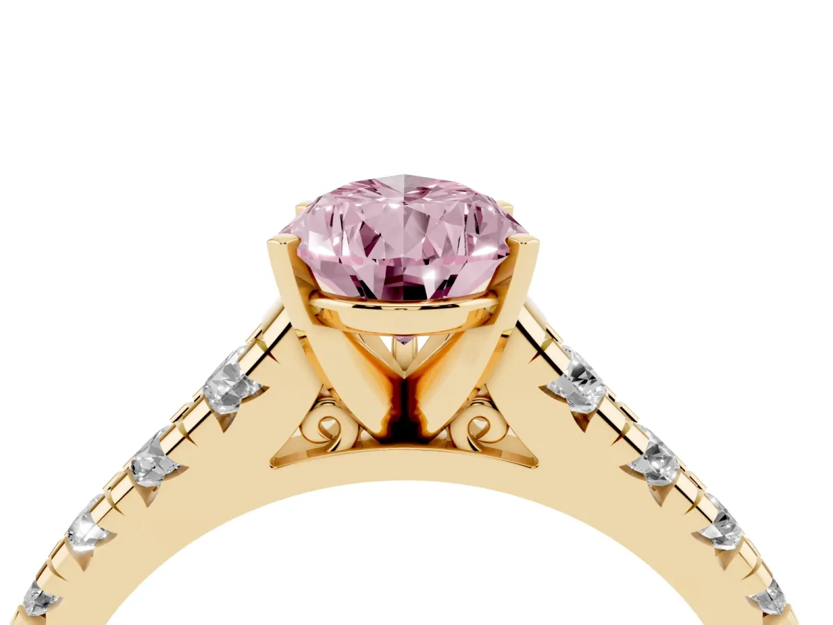Fancy Pink Pear Cut Diamond Cathedral Solitaire Ring with Round Pavé Band Yellow gold