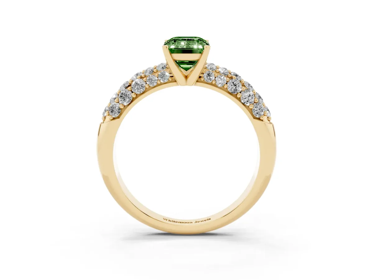 Fancy Green Emerald Cut Diamond Pavé Band Solitaire Ring with Four-Prong Setting Yellow gold