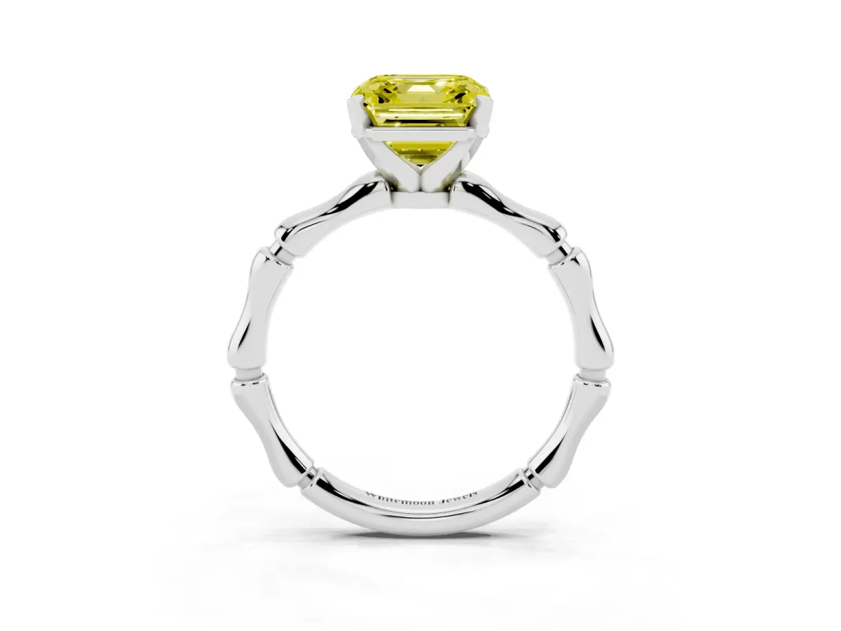 Fancy Yellow Asscher Cut Solitaire Diamond Ring with Bamboo Band and Four-Prong Setting Platinum