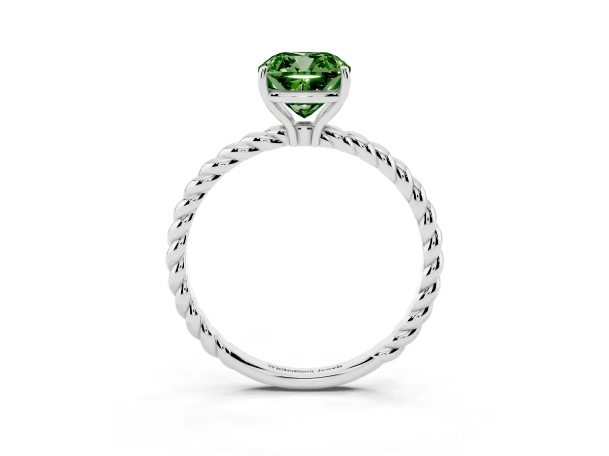 Fancy Green Cushion Cut Solitaire Twisted Band 4-Prong Ring Platinum