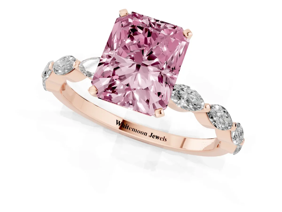 Fancy Pink Radiant Cut Diamond Ring with Marquise Side Stones and Prong Setting Rose gold