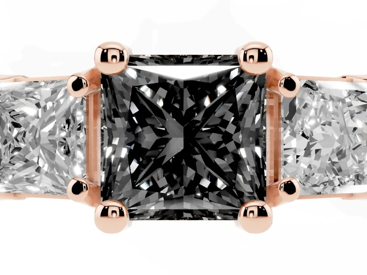 Fancy Black Princess Cut Diamond Three-Stone Ring with Channel Set Band and Four-Prong Setting Rose gold