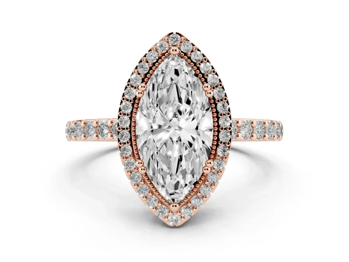 Marquise Cut Cut Diamond Halo Engagement Ring with Milgrain Detail and Pavé Band Rose gold