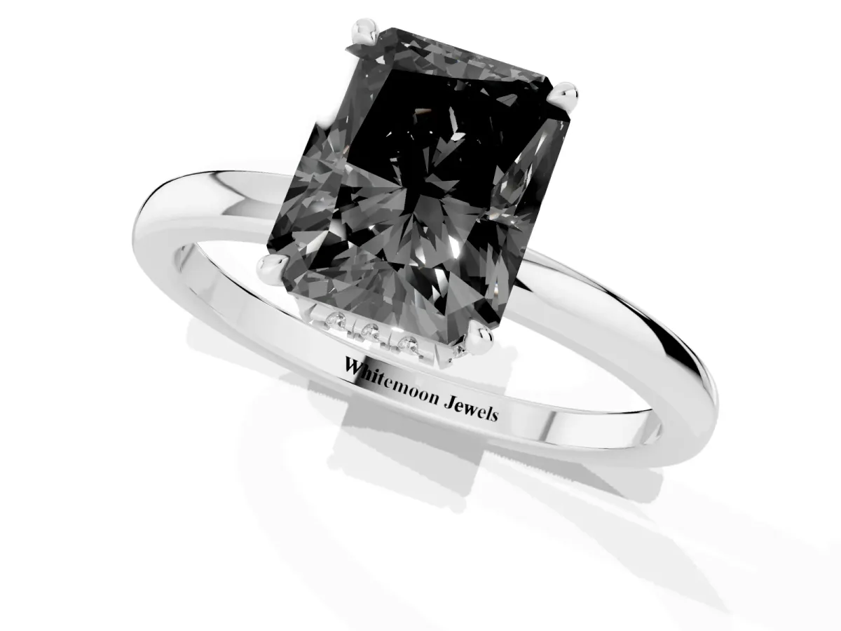 Fancy Black Radiant Cut Solitaire Engagement Ring with Cathedral Band and Four-Prong Setting Silver