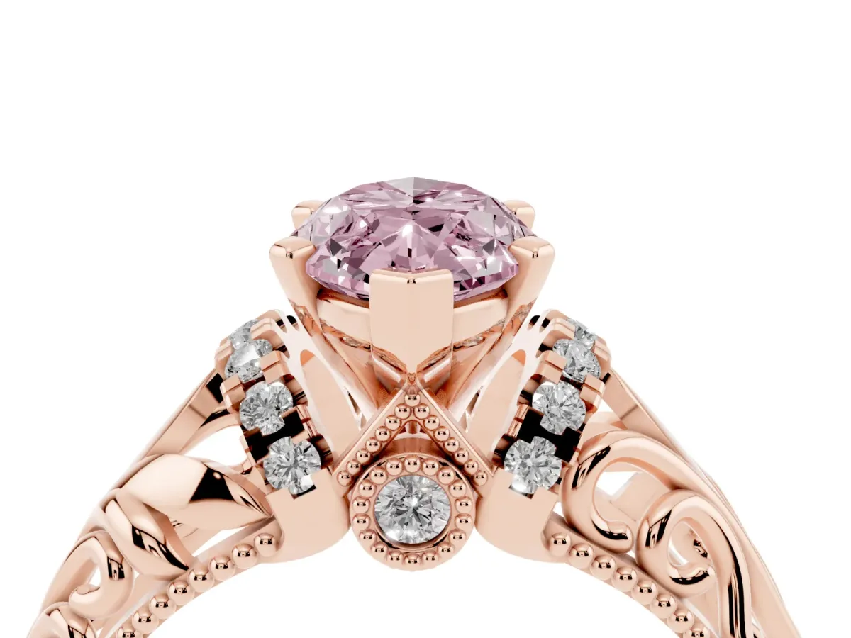 Fancy Pink Marquise Cut Solitaire Filigree Engagement Ring with Halo and Prong Setting Rose gold