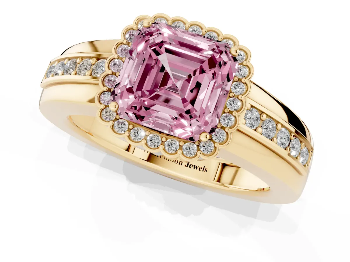 Fancy Pink Asscher Cut Cut Halo Pave Band Four-Prong Ring Yellow gold