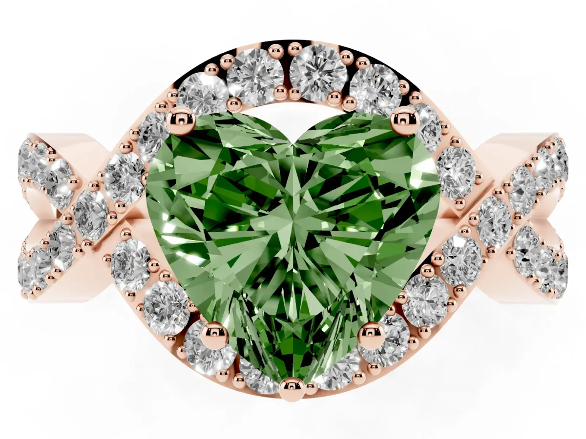 Fancy Green Heart Cut Solitaire Twist Band Pavé Diamond Engagement Ring Rose gold