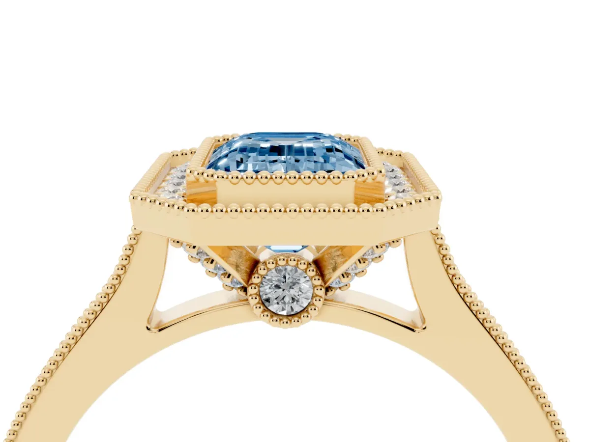 Fancy Blue Halo Emerald Cut-Cut Diamond Pave Band Milgrain Prong Setting Ring Yellow gold
