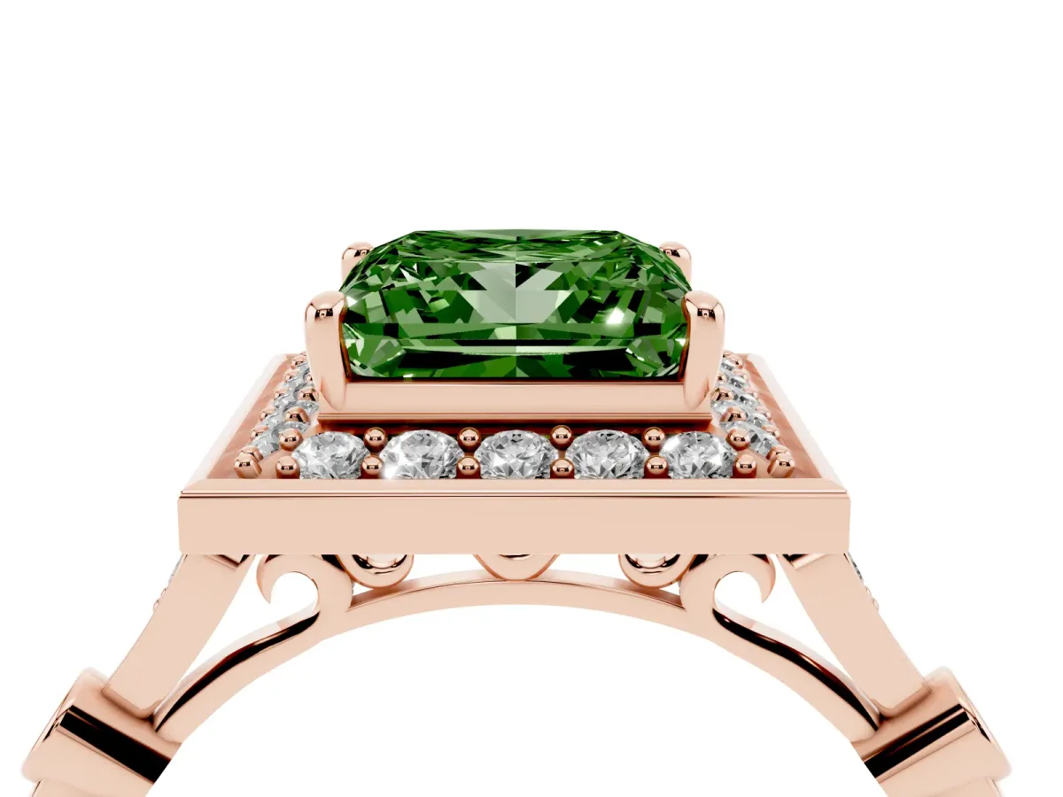 Fancy Green Princess Cut Halo Diamond Engagement Ring with Twisted Band and Four-Prong Setting Rose gold