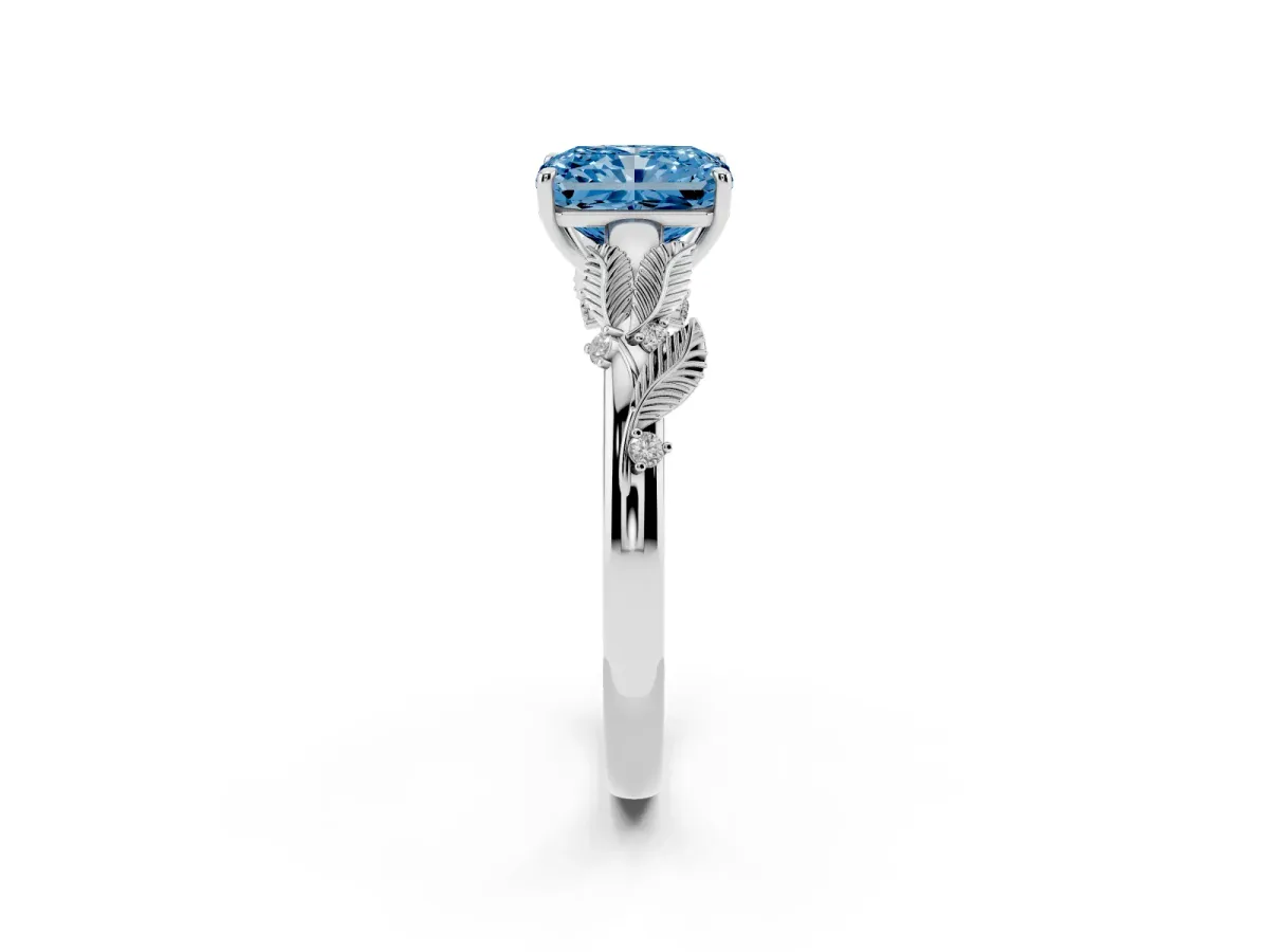 Fancy Blue Radiant Cut Diamond Solitaire Ring with Leaf Motif Band and Four-Prong Setting Silver