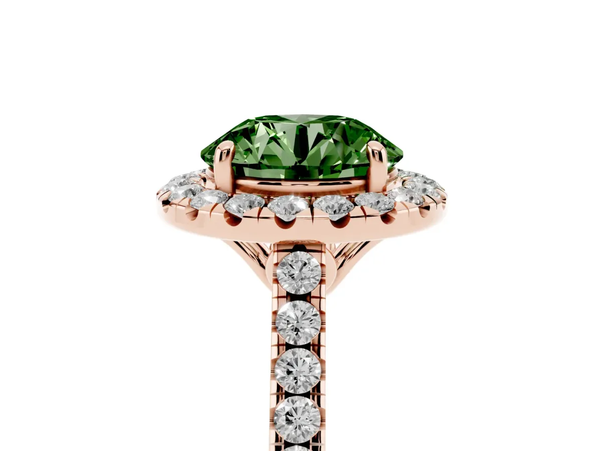 Fancy Green Round Cut Halo Pavé Diamond Engagement Ring with Four-Prong Setting Rose gold