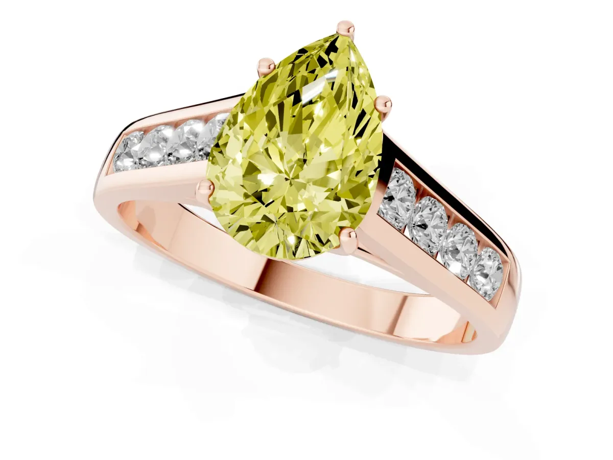 Fancy Yellow Pear Cut Solitaire Channel-Set Diamond Engagement Ring with Four-Prong Setting Rose gold
