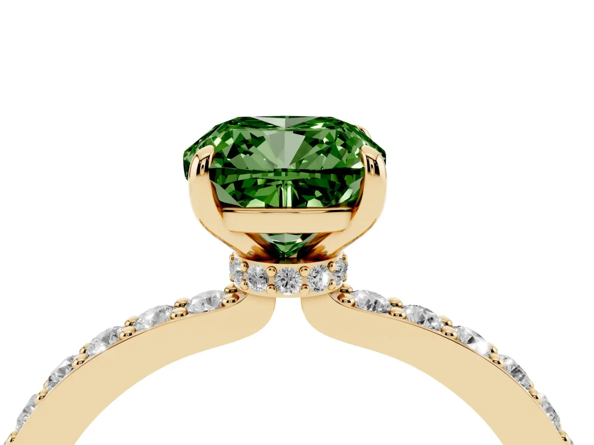 Fancy Green Cushion Cut Diamond Solitaire Engagement Ring with Pavé Band and Four-Prong Setting Yellow gold