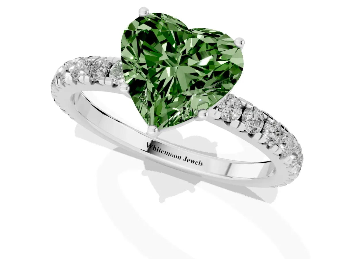 Fancy Green Heart Cut Diamond Pavé Solitaire Engagement Ring with Four-Prong Setting Silver