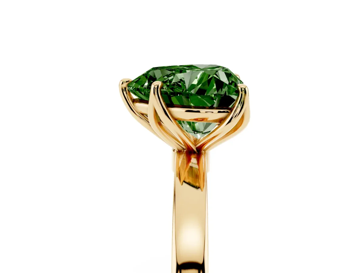 Fancy Green Heart Cut Diamond Solitaire Ring with Thin Band and Prong Setting Yellow gold