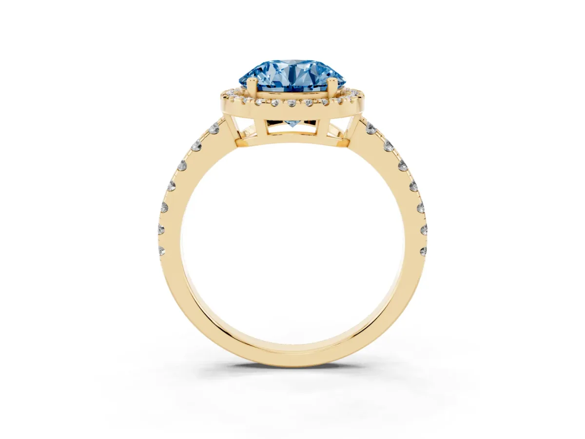 Fancy Blue Round Cut Diamond Halo Ring with Pavé Band and Four-Prong Setting Yellow gold