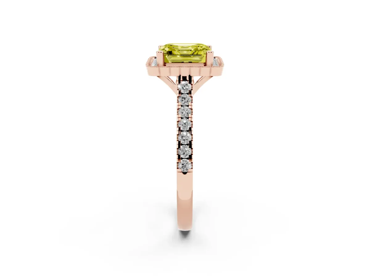 Fancy Yellow Asscher Cut Cut Diamond Milgrain Floral Halo Engagement Ring with Pavé Band Rose gold