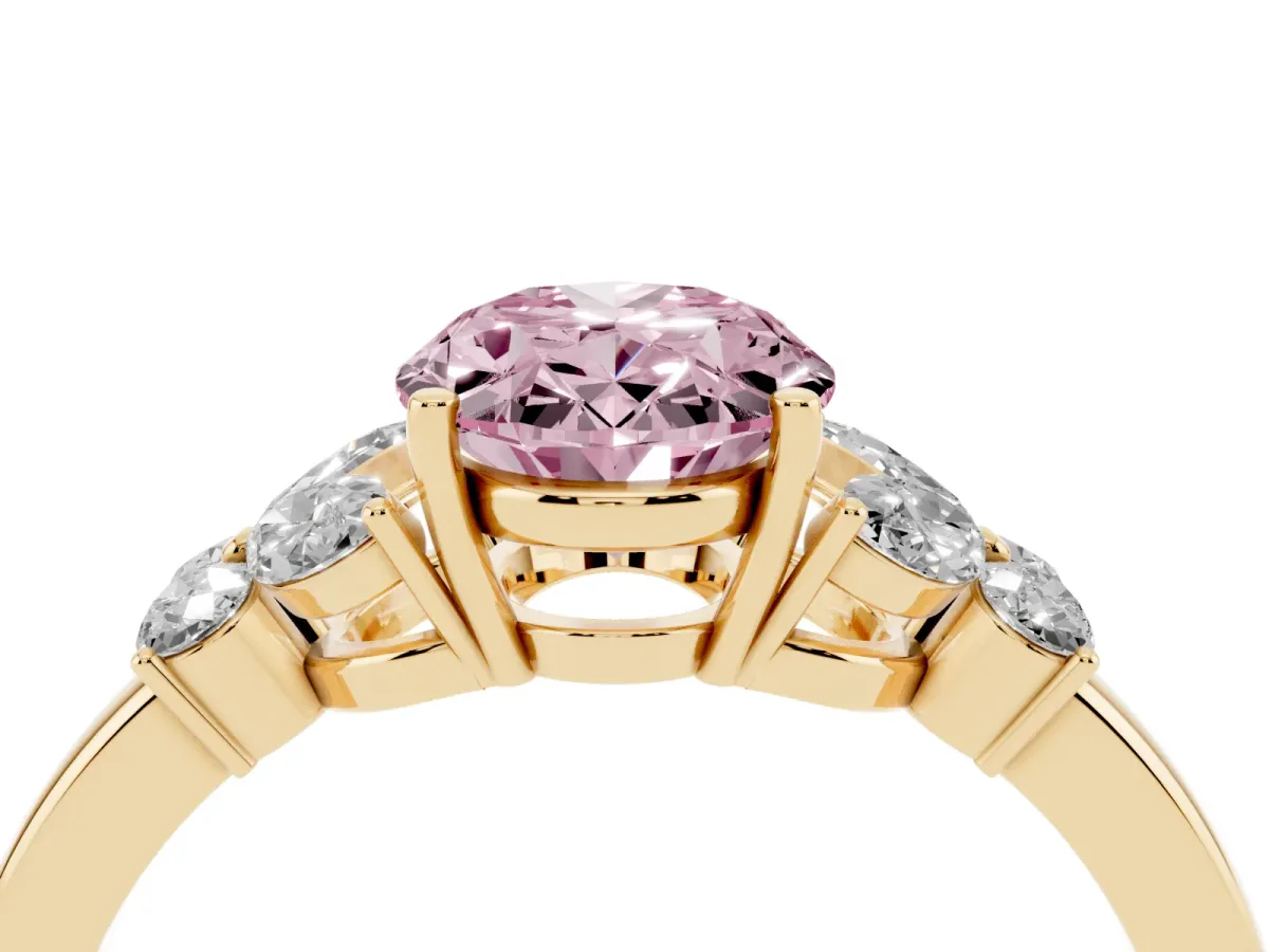 Fancy Pink Oval Cut Cut Solitaire Floral Diamond Ring with Four-Prong Setting Yellow gold