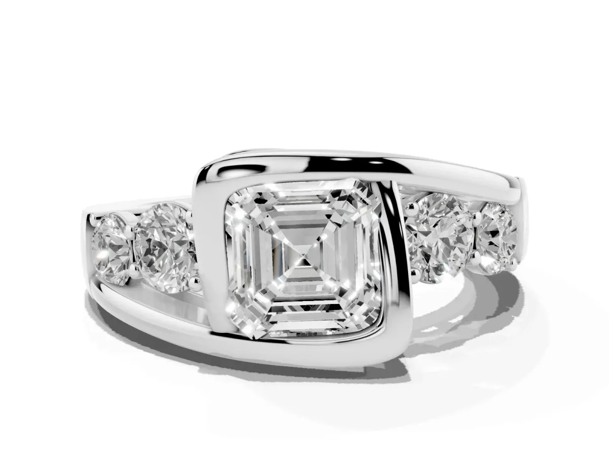 Bezel Set Asscher Cut Diamond Bypass Ring with Round Accents White gold