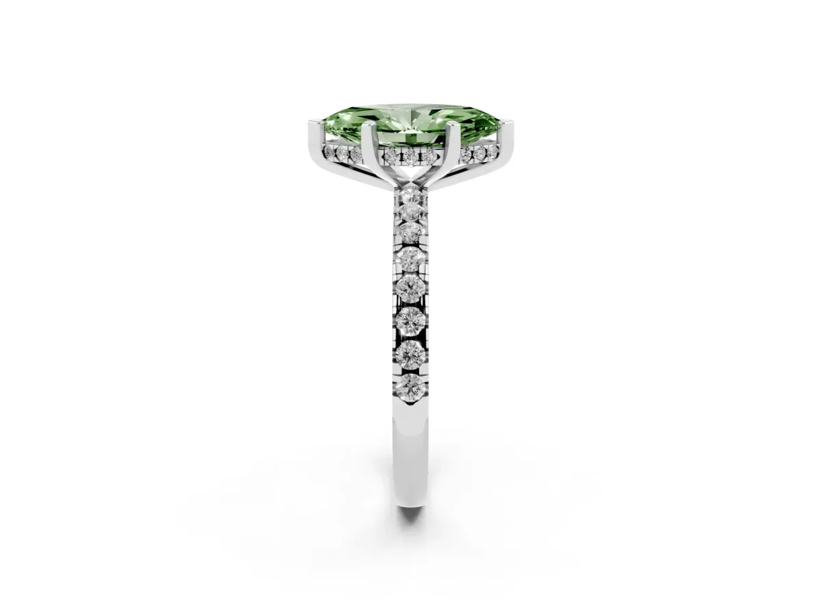 Fancy Green Marquise Cut Diamond Solitaire Ring with Round Pavé Band and Four-Prong Setting Silver