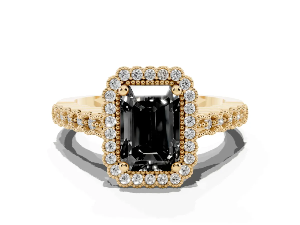Fancy Black Radiant Cut Cut Halo Pavé Solitaire Ring with Milgrain Band Yellow gold