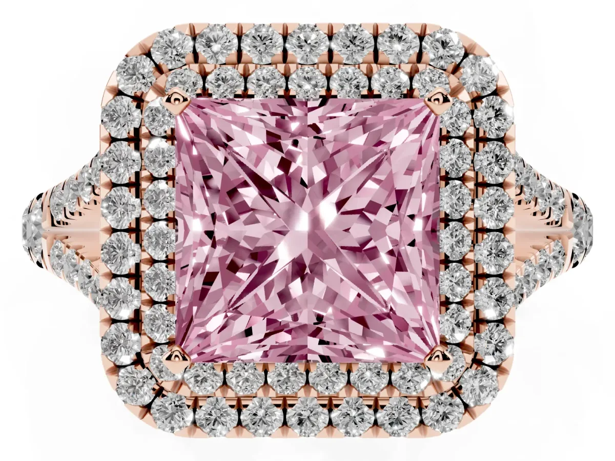 Fancy Pink Double Halo Princess Cut Diamond Split Shank Engagement Ring with Four-Prong Setting Rose gold