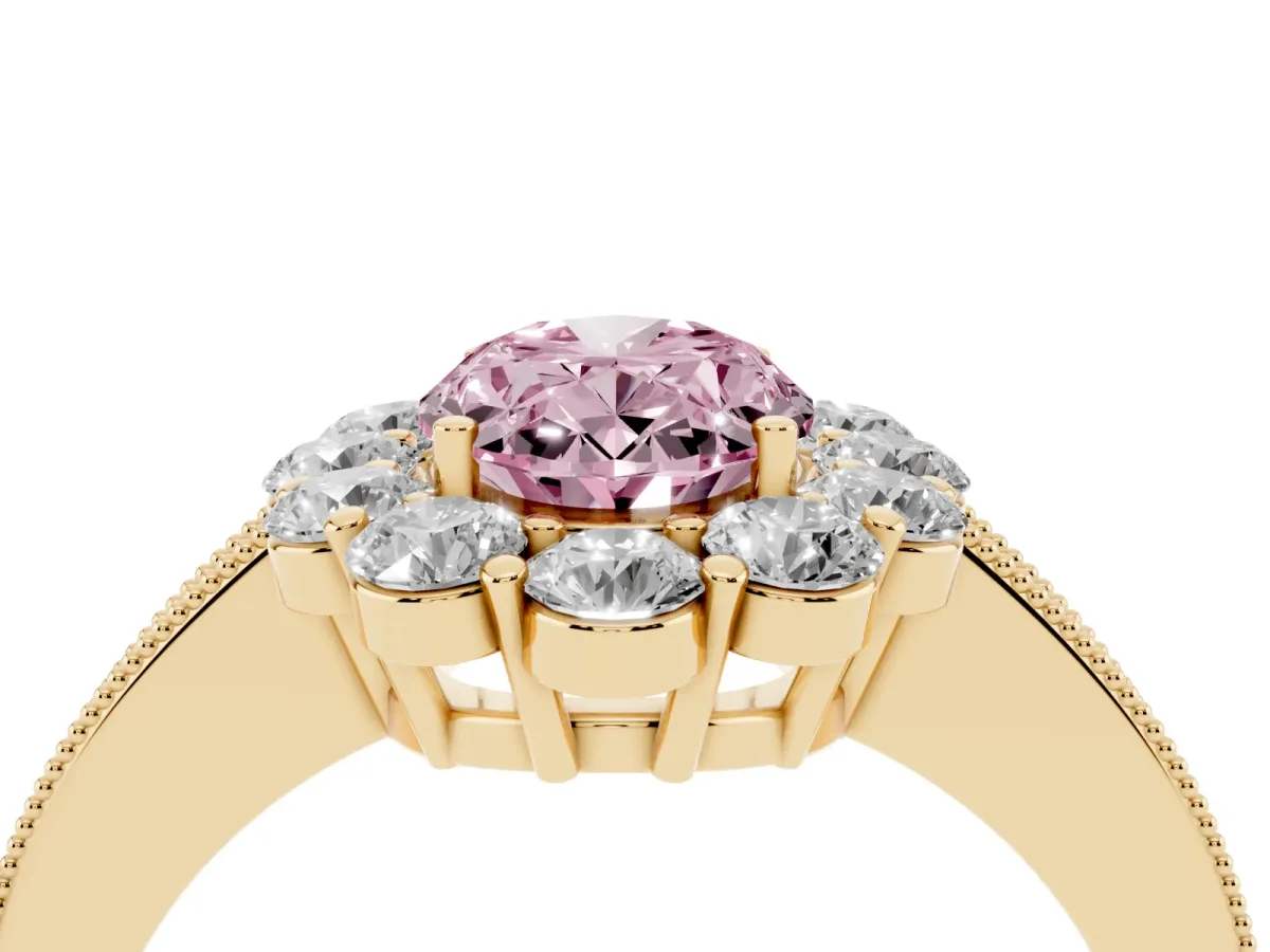 Fancy Pink Oval Cut Cut Halo Diamond Pavé Engagement Ring with Milgrain Detailing Yellow gold