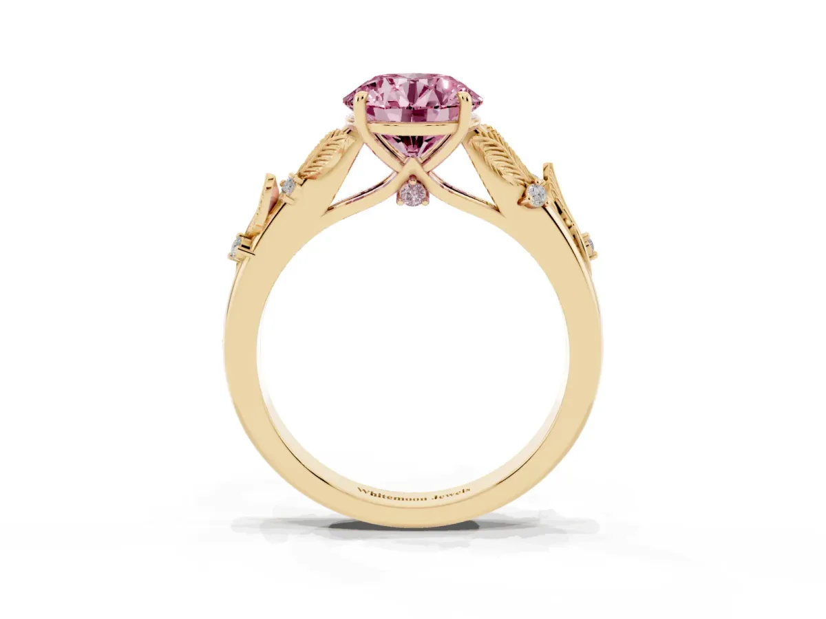 Fancy Pink Round Cut Diamond Solitaire Ring with Leaf Motif Band and Four-Prong Setting Yellow gold