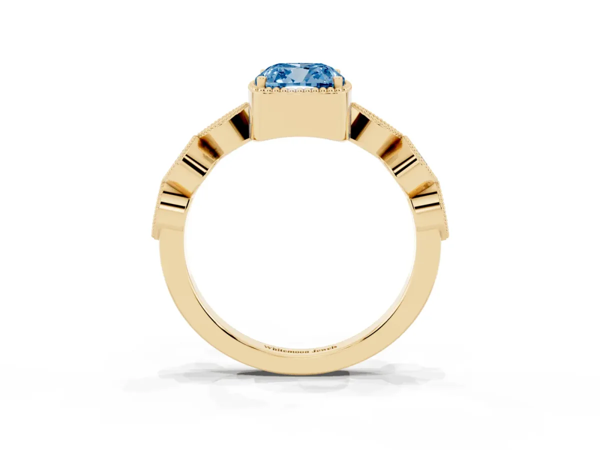 Fancy Blue Cushion Cut Diamond Vintage Milgrain Ring with Round Stations Yellow gold