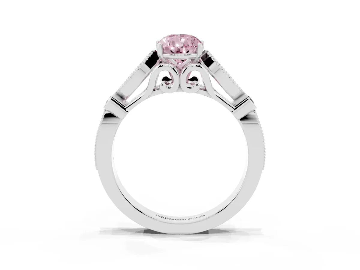 Fancy Pink Pear Cut Cut Diamond with Milgrain Marquise and Bezel Accents on a Solitaire Band with Prong Setting Platinum