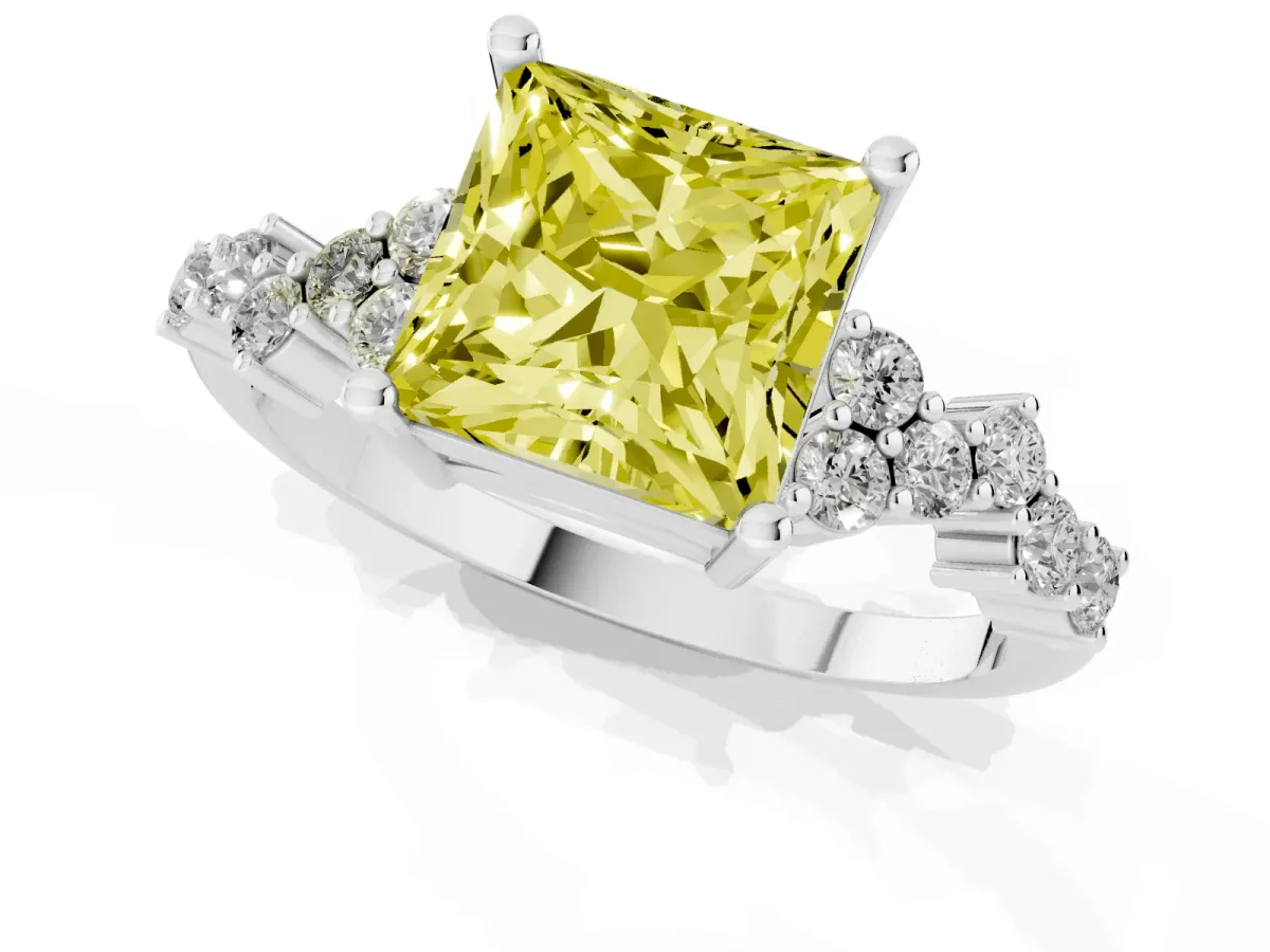 Fancy Yellow Princess Cut Diamond Scattered Round Accent Ring with Prong Setting Silver