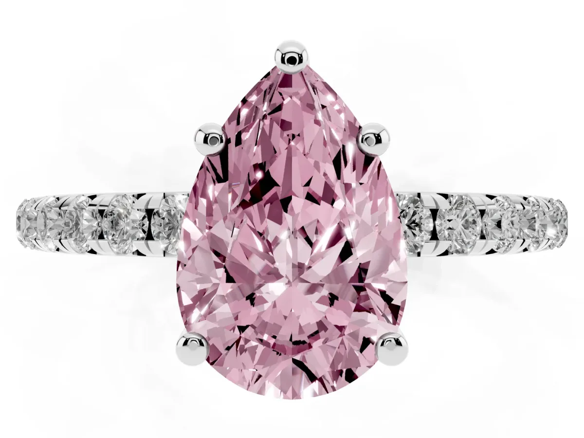 Fancy Pink Pear Cut Cut Diamond Solitaire Ring with Micro Pave Band and Four Prong Setting Silver