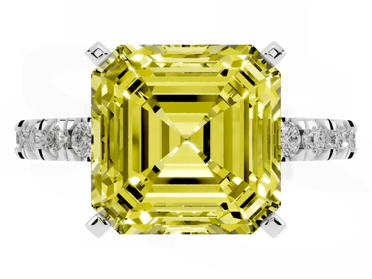Fancy Yellow Asscher Cut Diamond Pavé Band Solitaire with Four-Prong Setting Silver