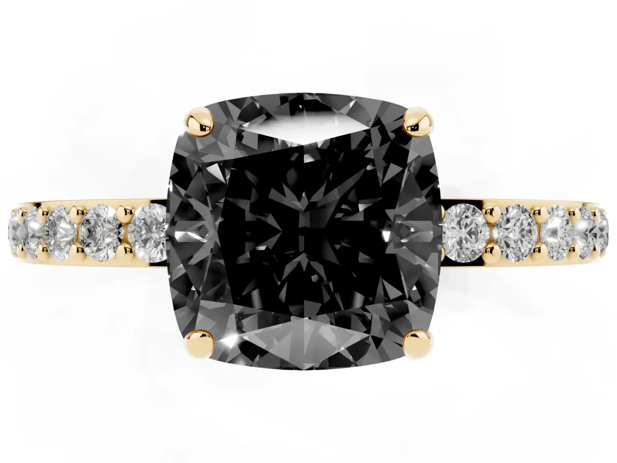 Fancy Black Cushion Cut Diamond Pavé Engagement Ring with Round Accents and Prong Setting Yellow gold